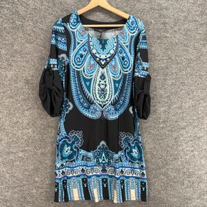 Xlypnotik Dress Women XL Black Geometric Shift Midi 3/4 Sleeve Round Neck Casual